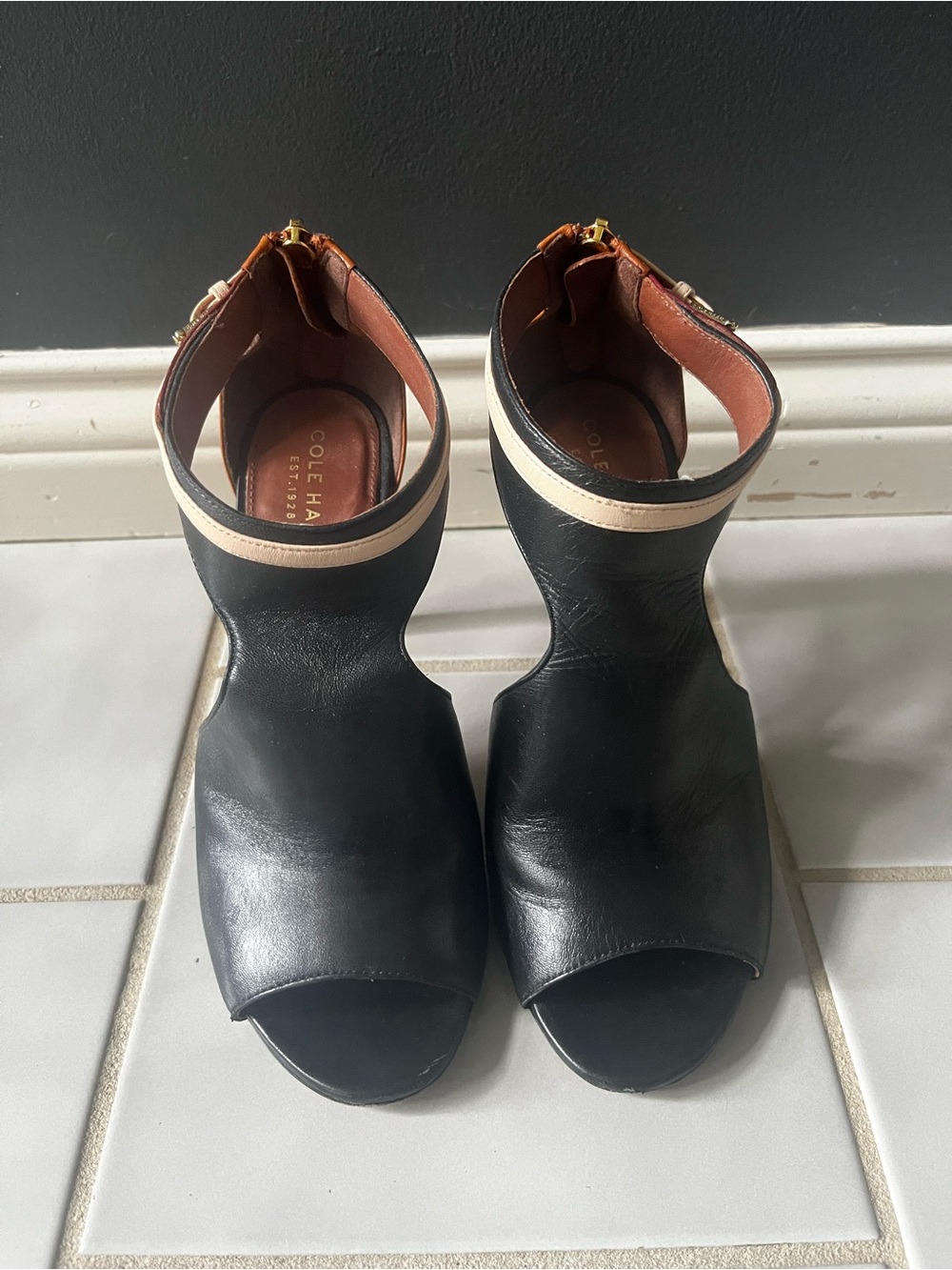 Cole Haan Black Leather Open-Toe Mules with Cream Ankle Band